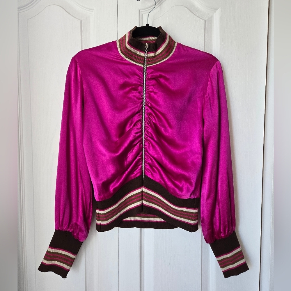 🪅 ALICE & TRIXIE Vintage 100%  Silk Hot Pink Cropped Bomber Jacket Ruching S